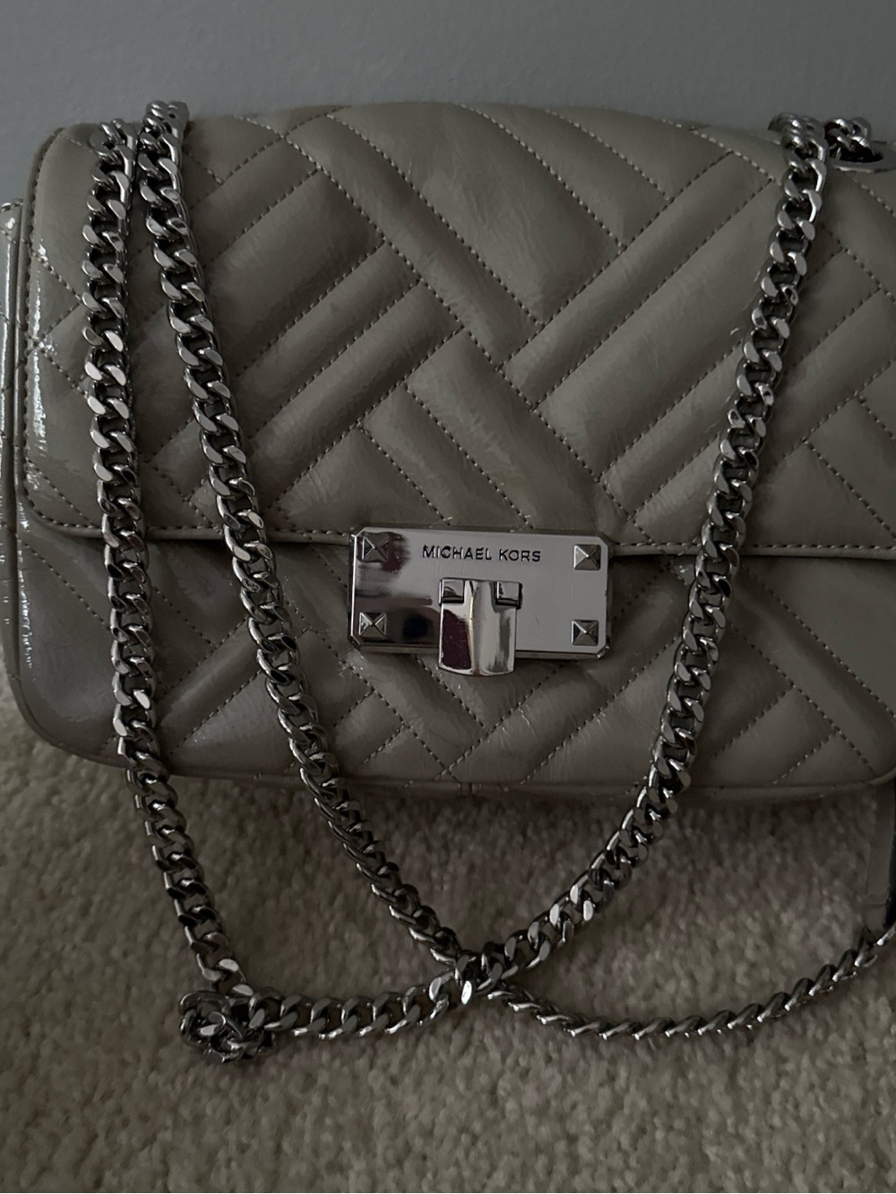 Michael Kors Quilted Crossbody Bag in Light Taupe with Silver Hardware